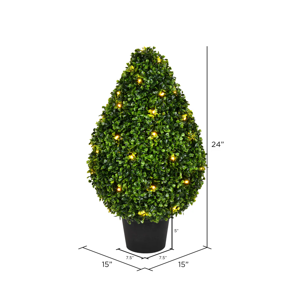 24" Outdoor UV-Resistant Artificial Boxwood Teardrop-Shaped Topiary w/Planter, Micro LED Pre-Lit -Green - Image 5