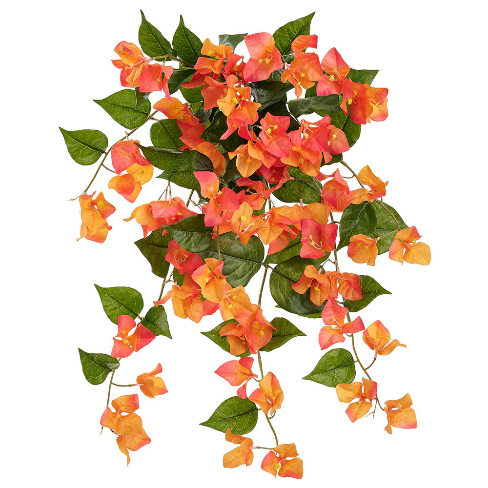 24" Outdoor UV-Resistant Artificial Hanging Bougainvillea Flower Bush -Coral (Pack of 6)