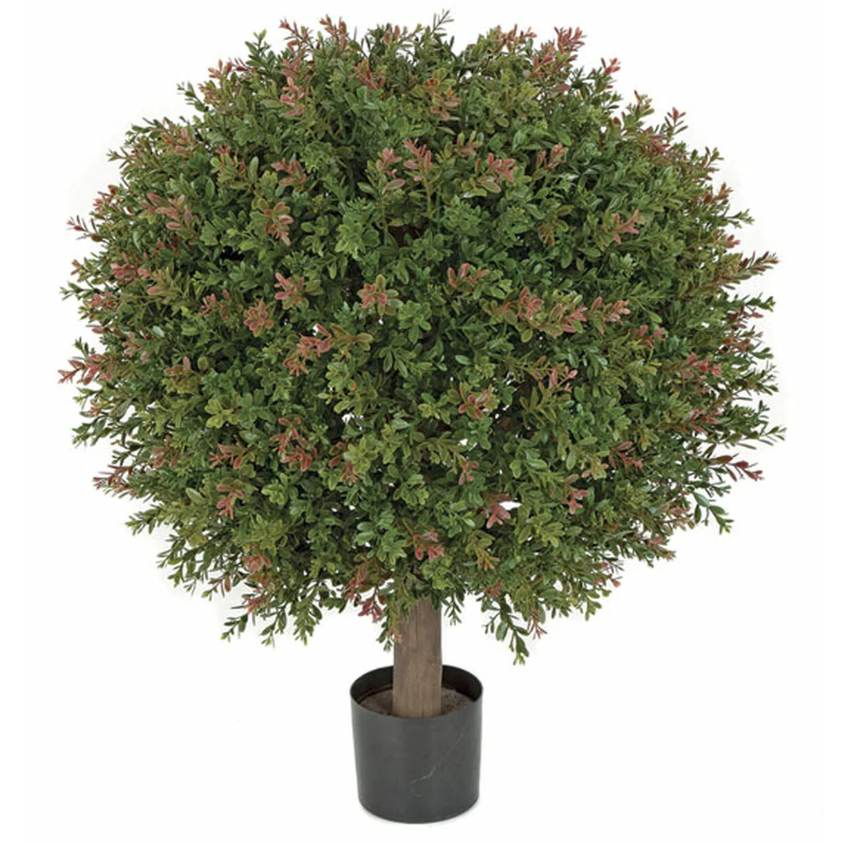 24" Outdoor UV-Resistant Artificial Wintergreen Boxwood Ball-Shaped Topiary Tree w/Pot -Green/Red