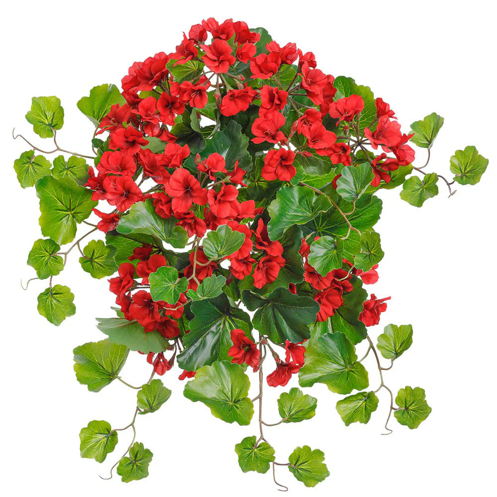 24" Outdoor UV-Resistant Faux Hanging Geranium Flower Bush -Red (Pack of 6)