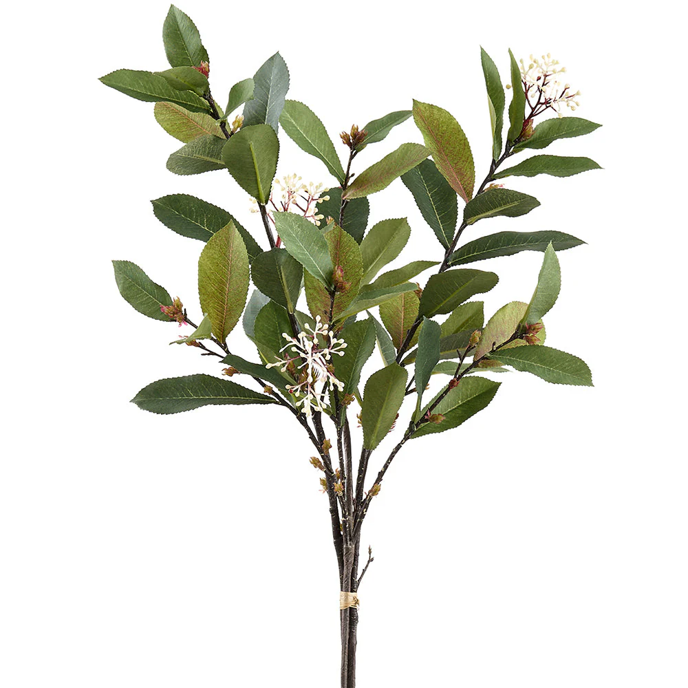 24" Photinia Leaf With Blossom Silk Stem Bundle -Green (Pack of 8)