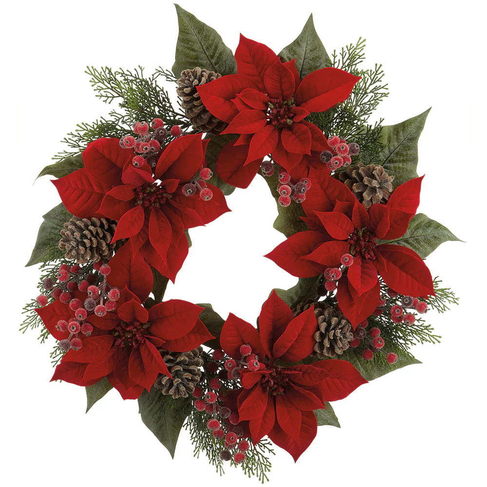 24" Poinsettia Flower, Pinecone, Berry & Pine Artificial Wreath -Red/Brown (Pack of 2)