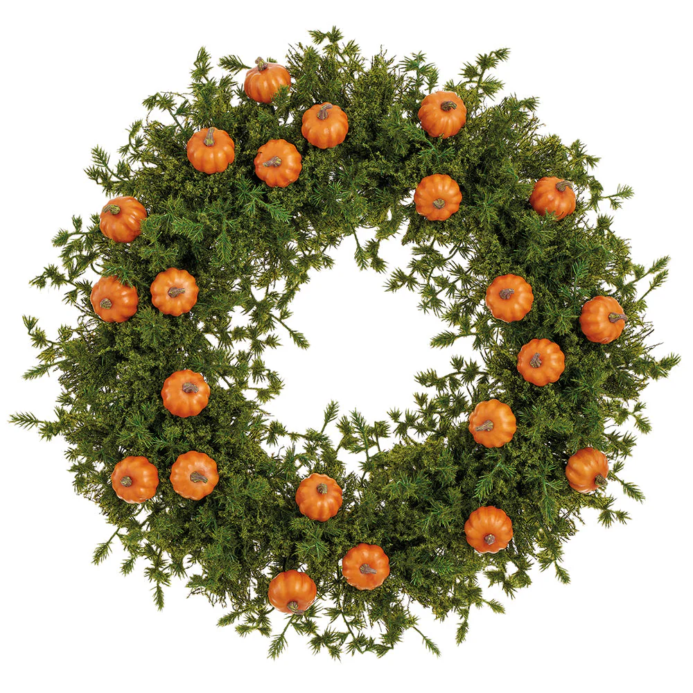 24" Pumpkin & Pine Artificial Wreath -Orange/Green (Pack of 4)
