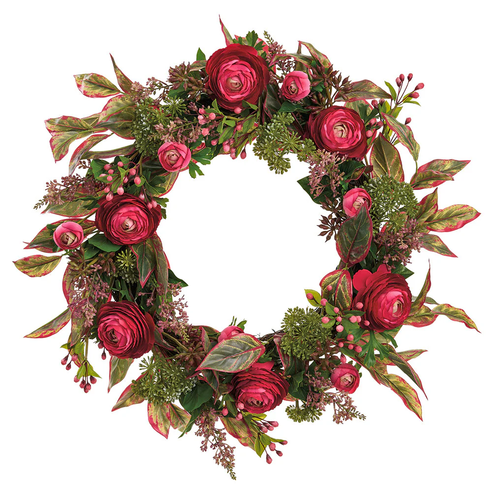24" Ranunculus, Angelica & Pod Silk Flower Wreath -Beauty/Green (Pack of 2)