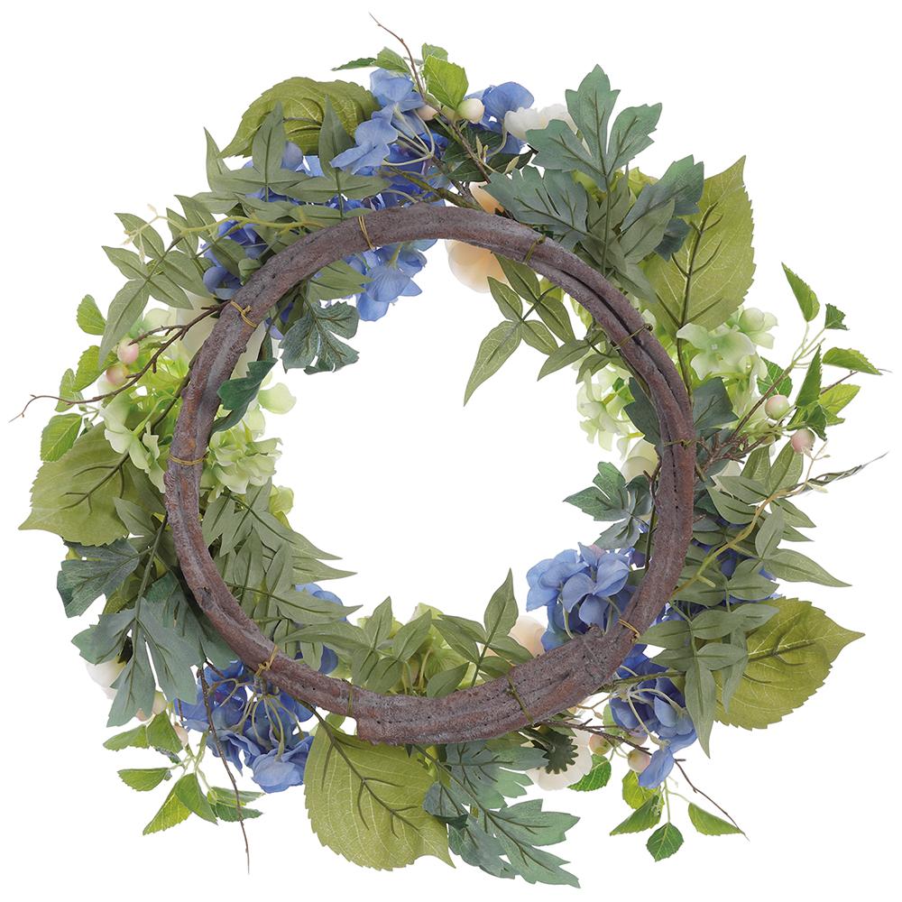 24" Silk Hydrangea Flower Wreath -Green/Blue (Pack of 2) - Image 2