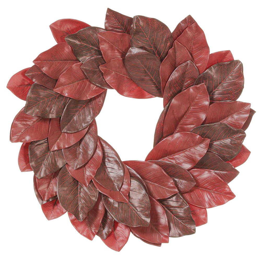 24" Silk Magnolia Leaf Wreath -2 Tone Burgundy (Pack of 2)