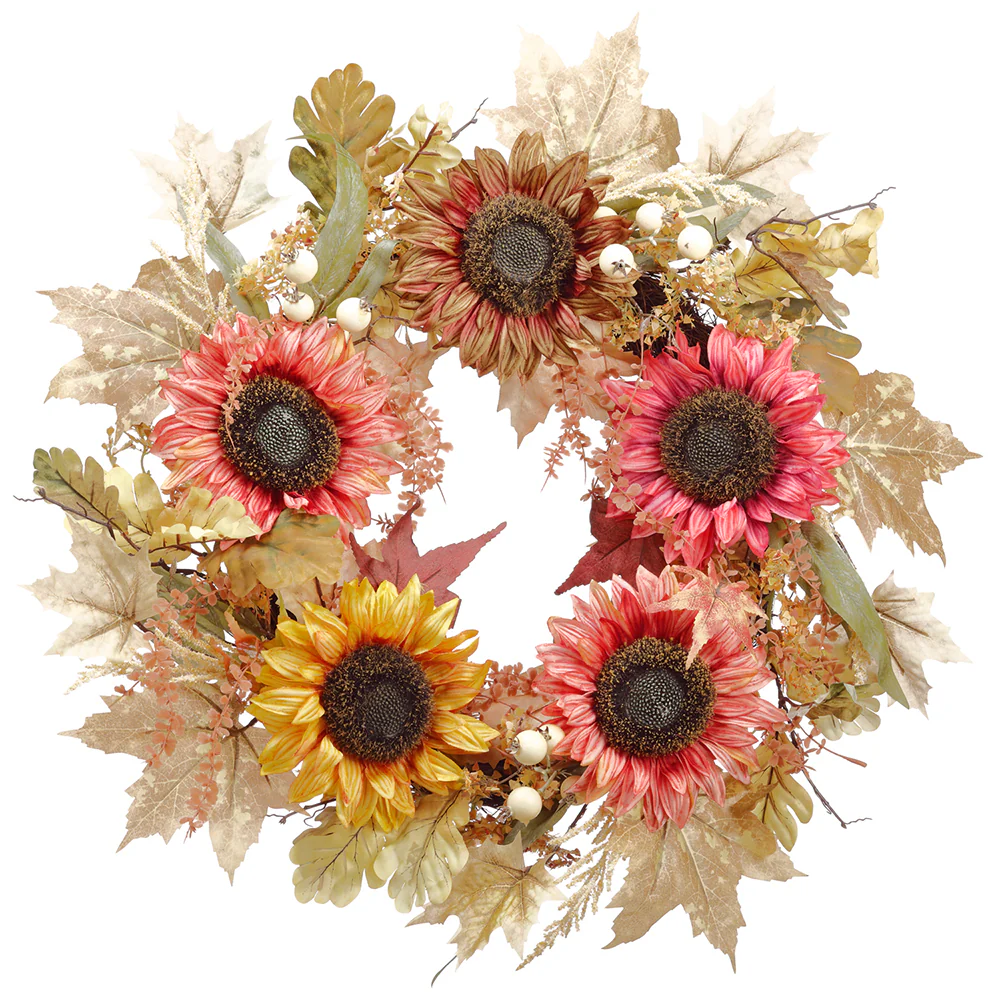 24" Silk Sunflower, Pod & Maple Leaf Wreath -Fall (Pack of 2)