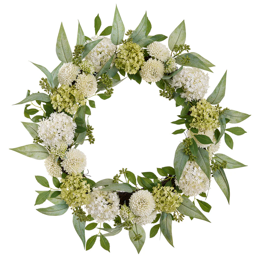 24" Snowball, Mum & Sedum Silk Flower Wreath -Cream/Green