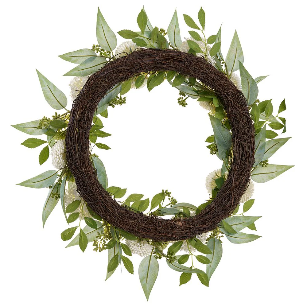 24" Snowball, Mum & Sedum Silk Flower Wreath -Cream/Green - Image 2