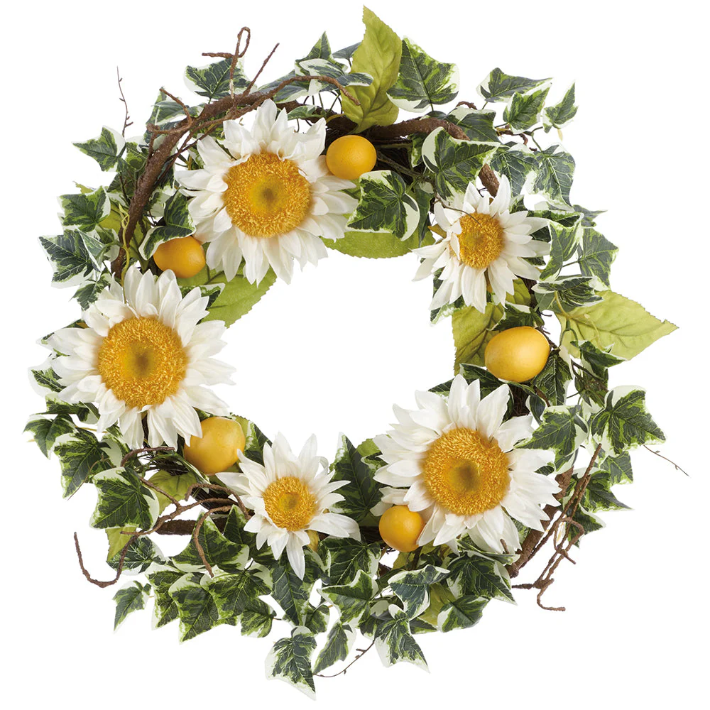 24" Sunflower & Ivy Silk Flower Wreath -White/Green