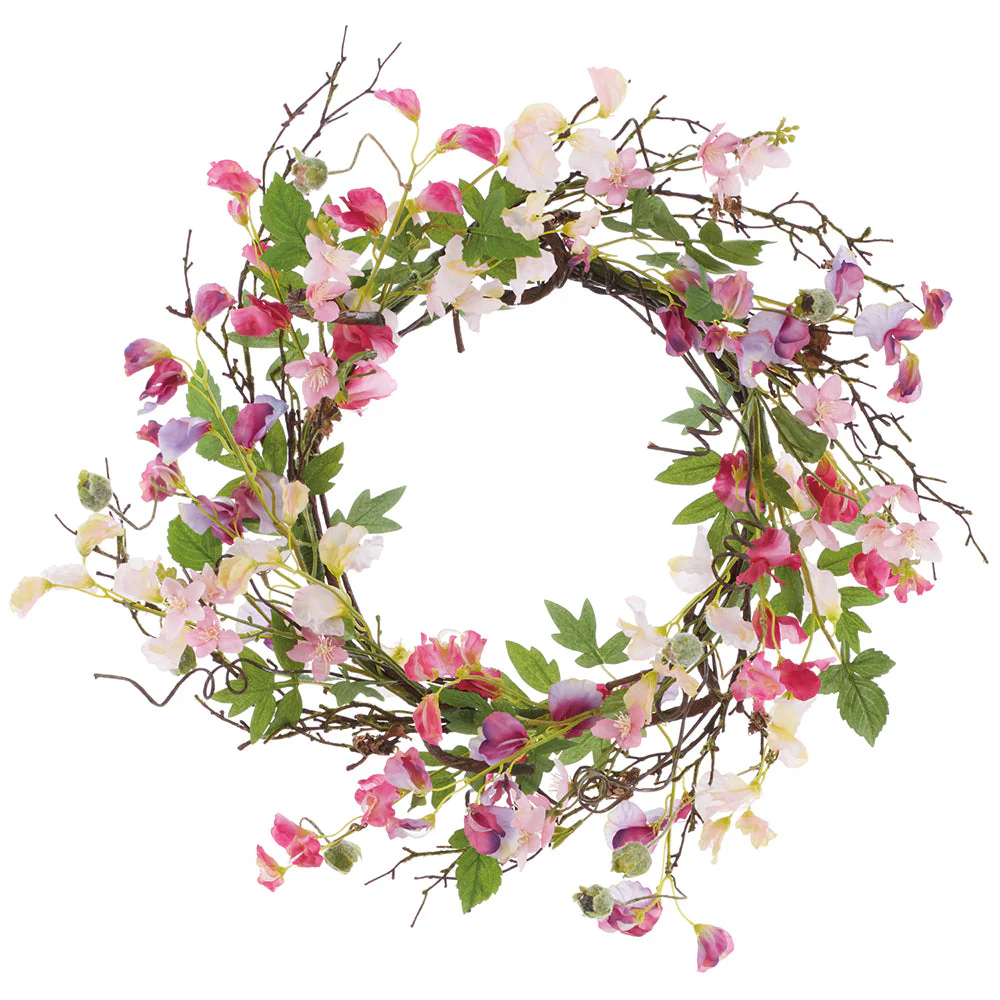 24" Sweet Pea & Rose Myrtle Silk Flower Wreath -Pink/Purple (Pack of 4)
