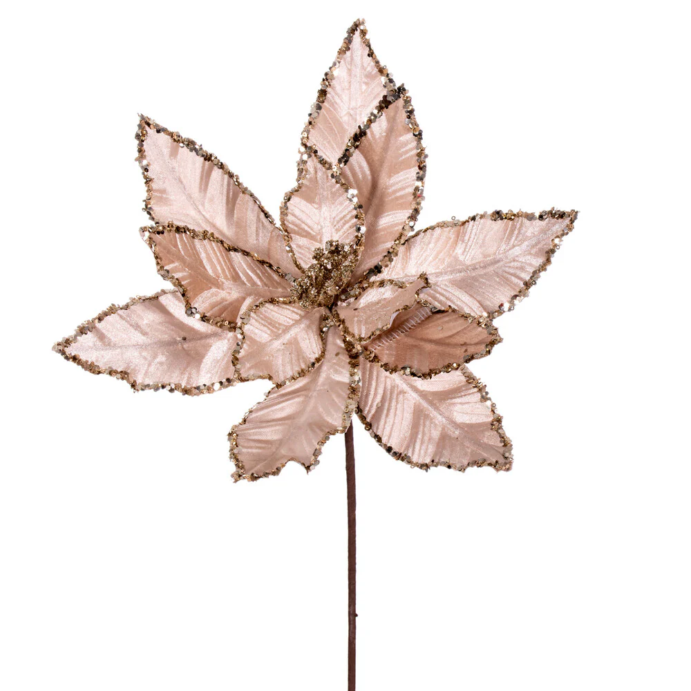 24"Hx13"W Sequin Velvet Artificial Poinsettia Flower Stem -Champagne (Pack of 12)