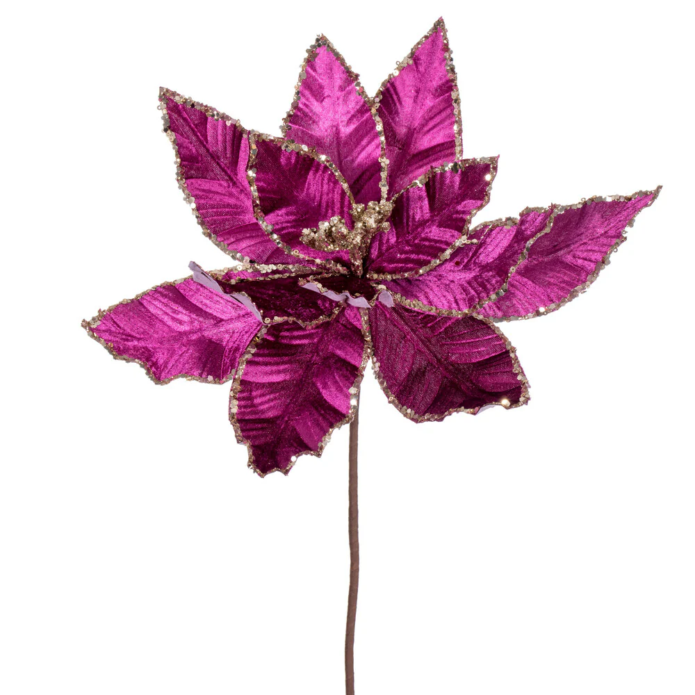 24"Hx13"W Sequin Velvet Artificial Poinsettia Flower Stem -Fuchsia (Pack of 12)