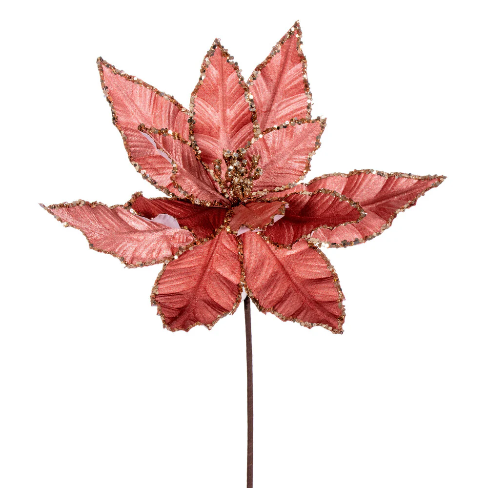 24"Hx13"W Sequin Velvet Artificial Poinsettia Flower Stem -Rose Gold (Pack of 12)