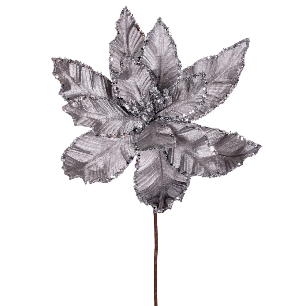 24"Hx13"W Sequin Velvet Artificial Poinsettia Flower Stem -Silver (Pack of 12)