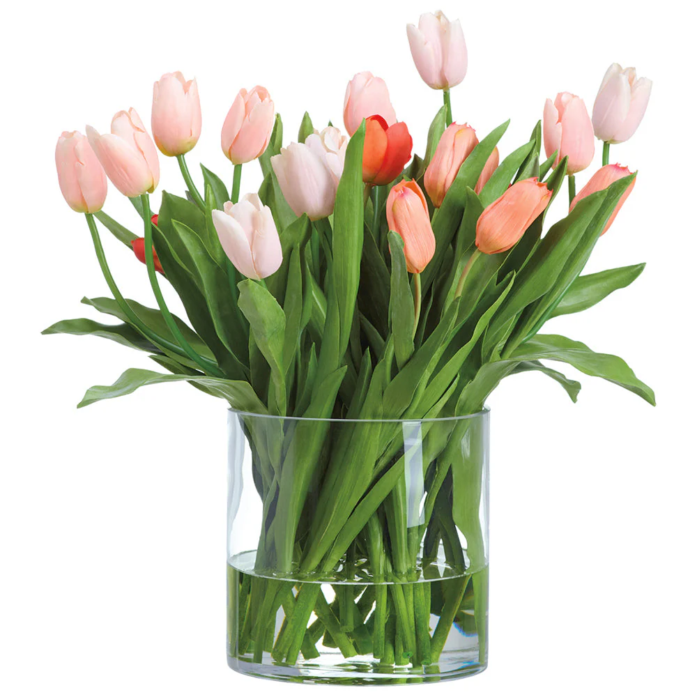 24"Hx26"W Mixed French Tulips Silk Flower Arrangement w/Glass Vase -Orange/Peach