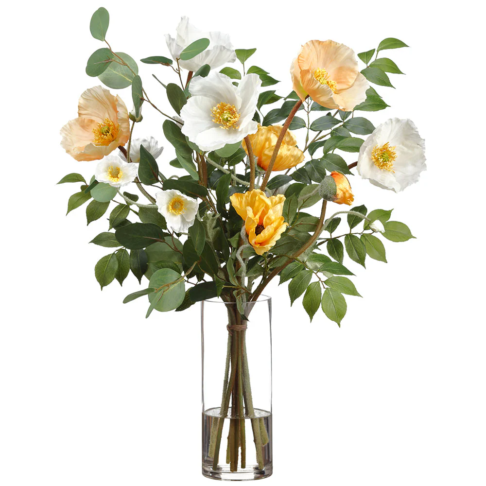 25.5"Hx20"W Poppy Silk Flower Arrangement w/Glass Vase -Yellow/Cream