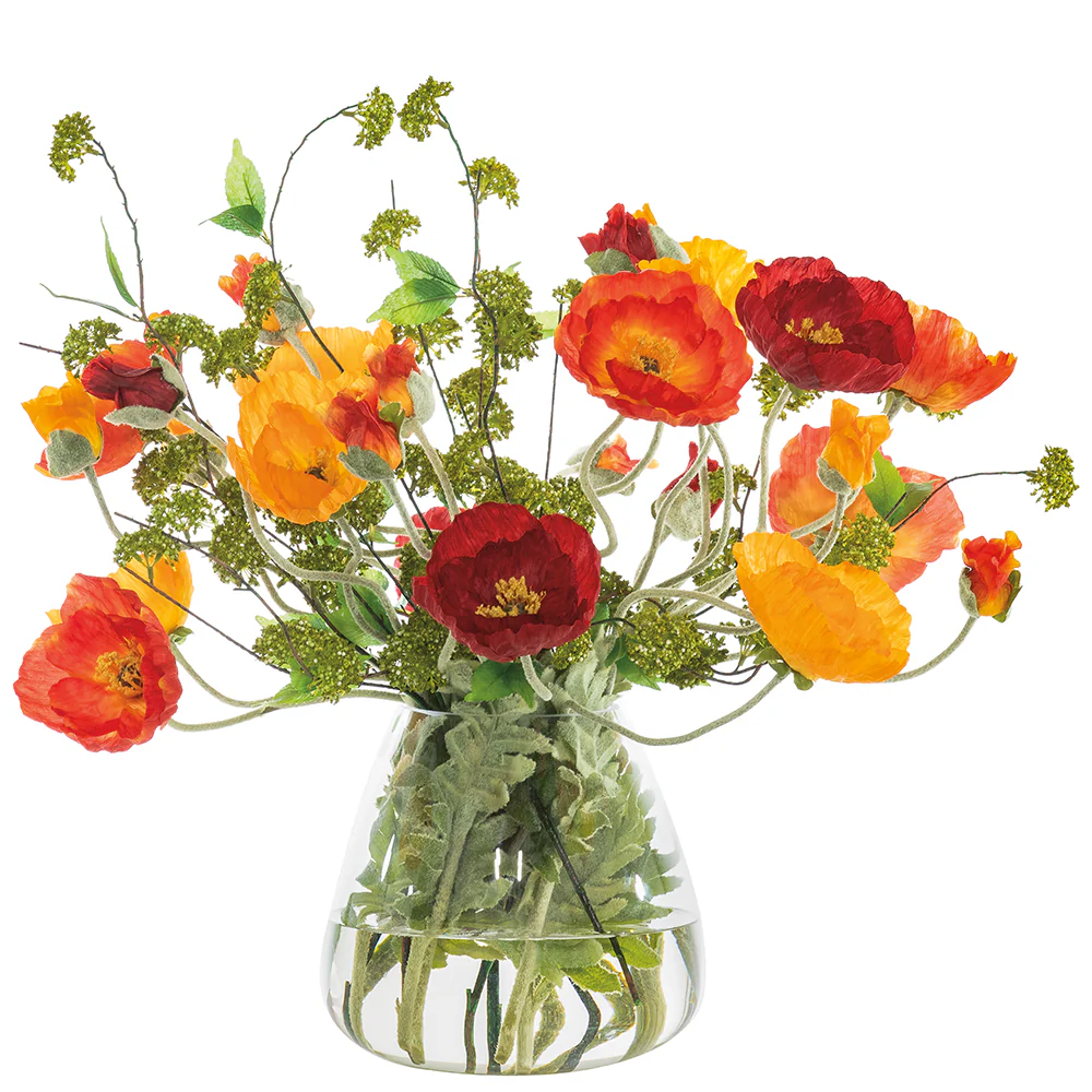 25.5"Hx34"W Large Mixed Poppy Silk Flower Arrangement w/Glass Vase -Orange/Red