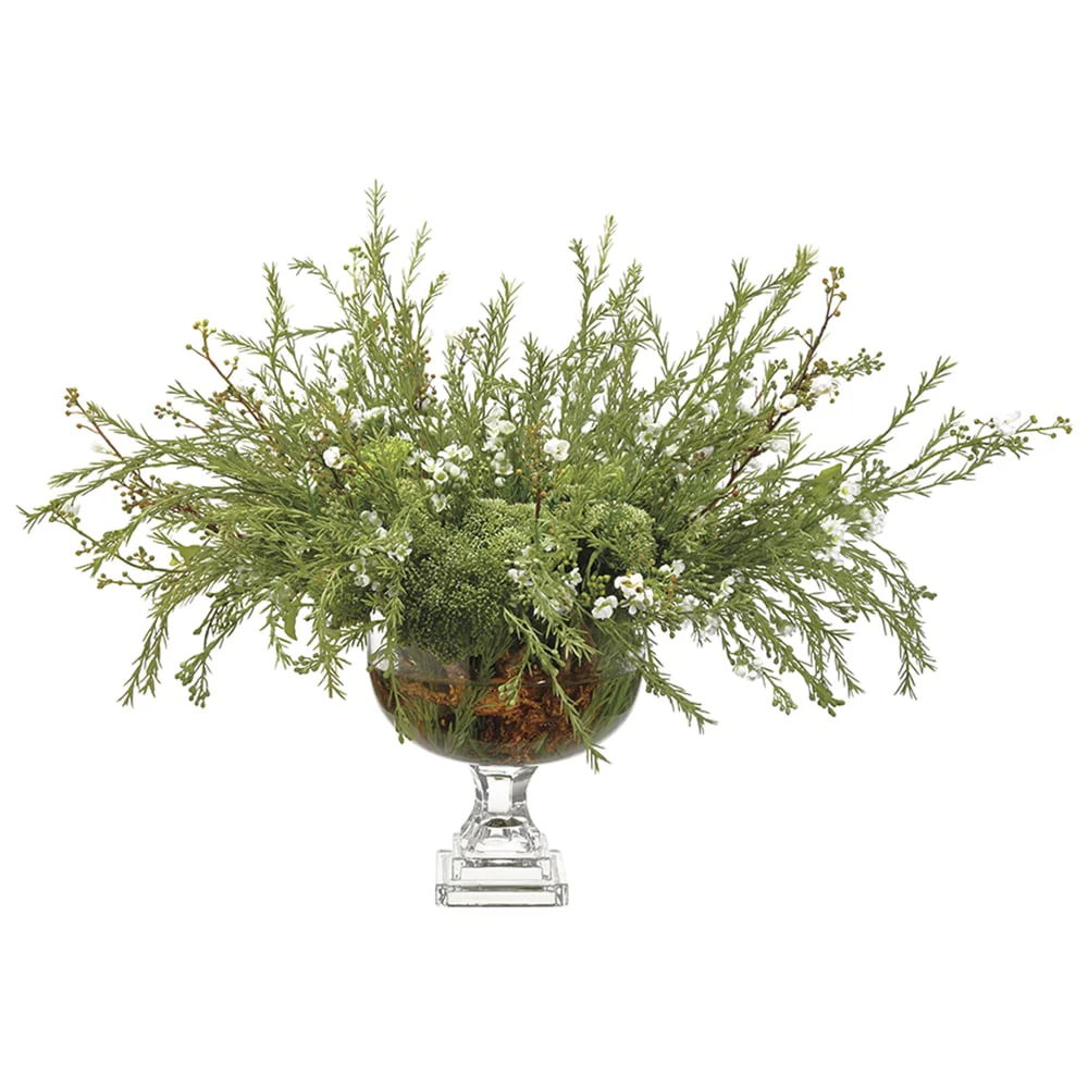 25" Artificial Wax Flower & Sedum Arrangement w/Glass Vase -White/Green