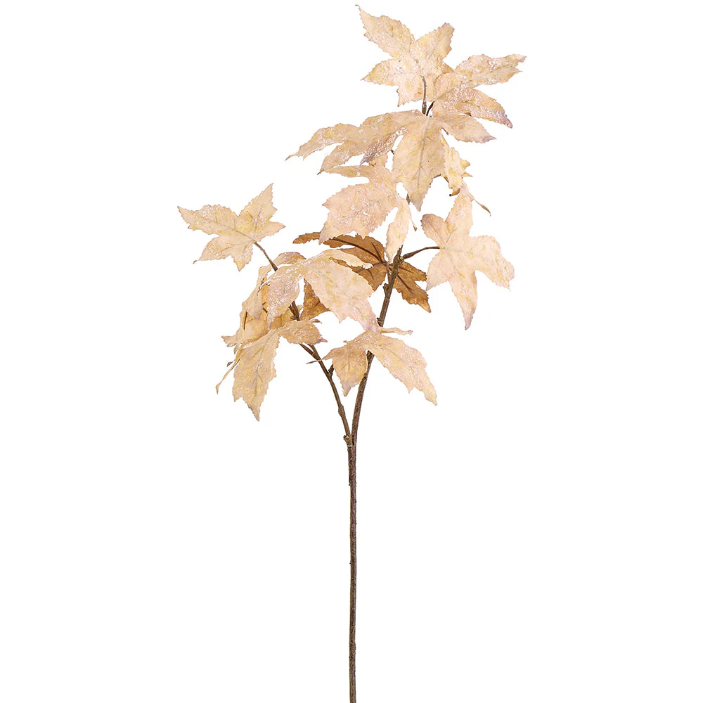 25" Beaded & Flocked Artificial Maple Leaf Stem -Tan/White (Pack of 12)