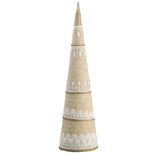 25" Burlap Lace Cone-Shaped Topiary -Natural/White (Pack of 2)