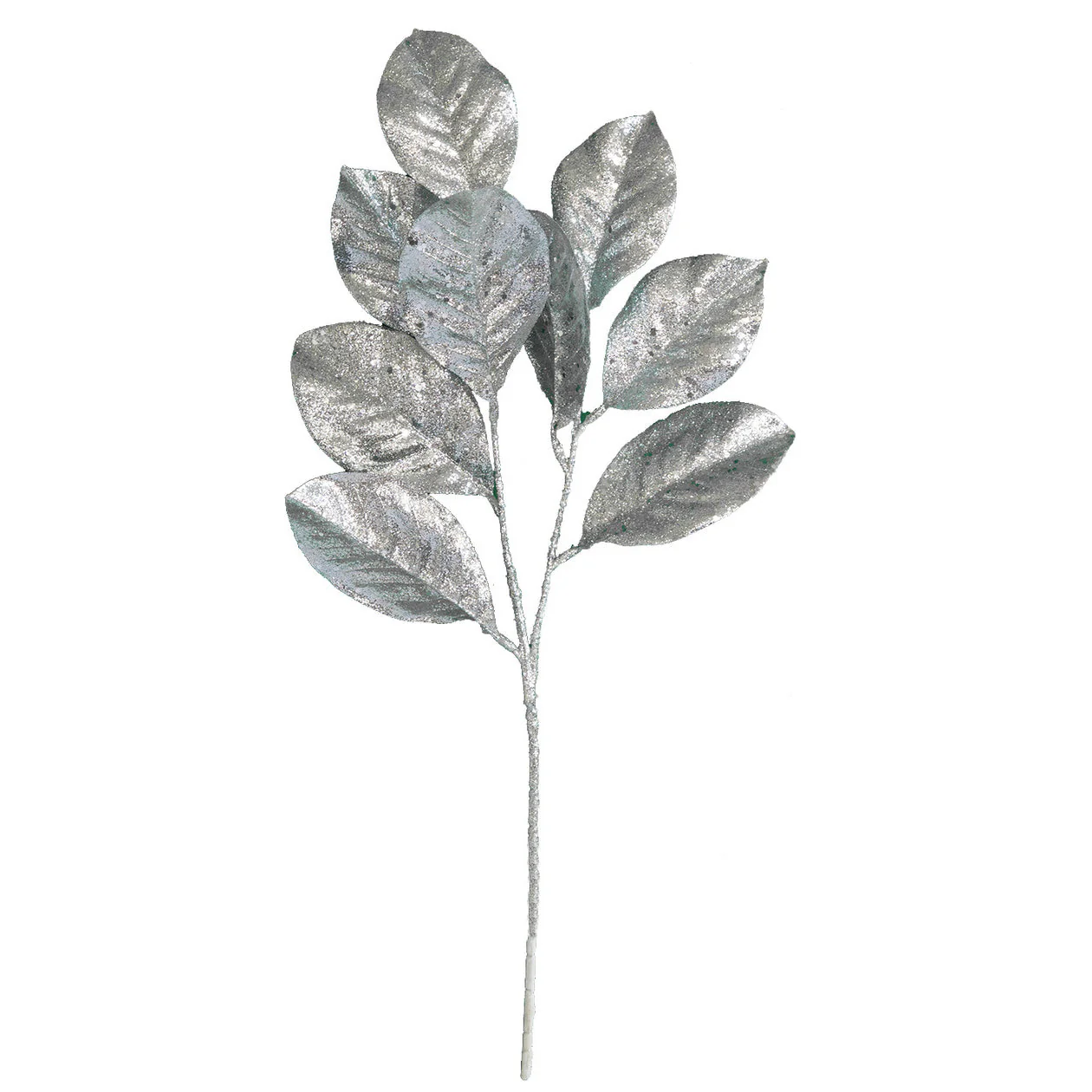 25" Glittered Artificial Magnolia Leaf Stem -Silver (Pack of 12)