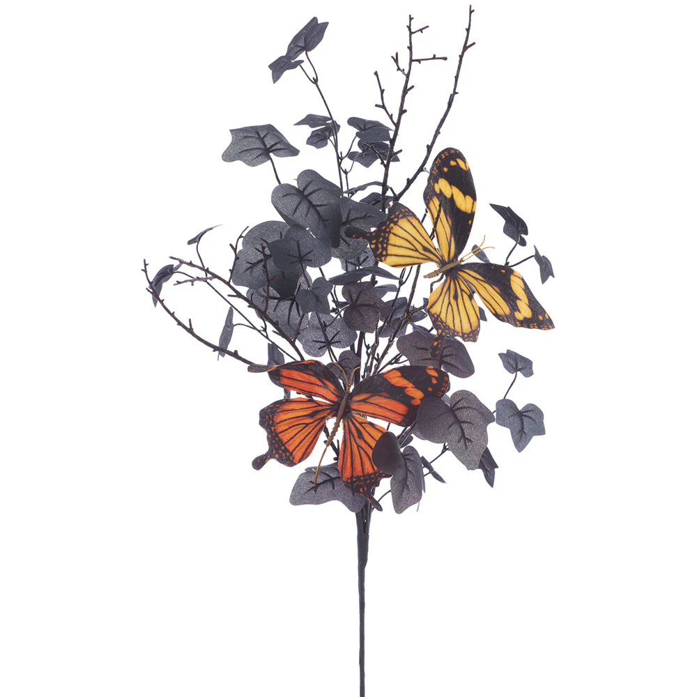 26" Artificial Butterfly & Ivy Leaf Stem -Orange/Black (Pack of 12)