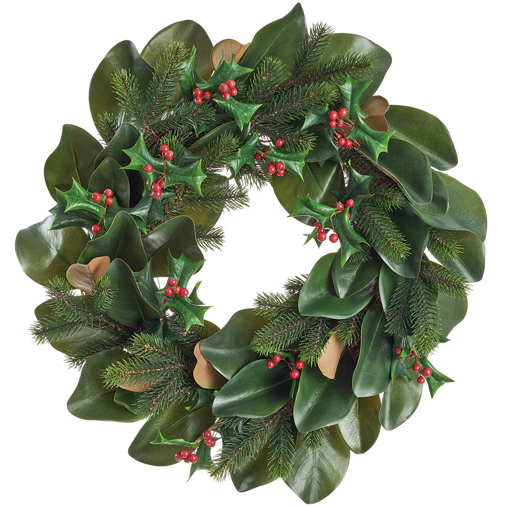26" Artificial Magnolia Leaf, Holly & Pine Wreath -Green/Red (Pack of 2)