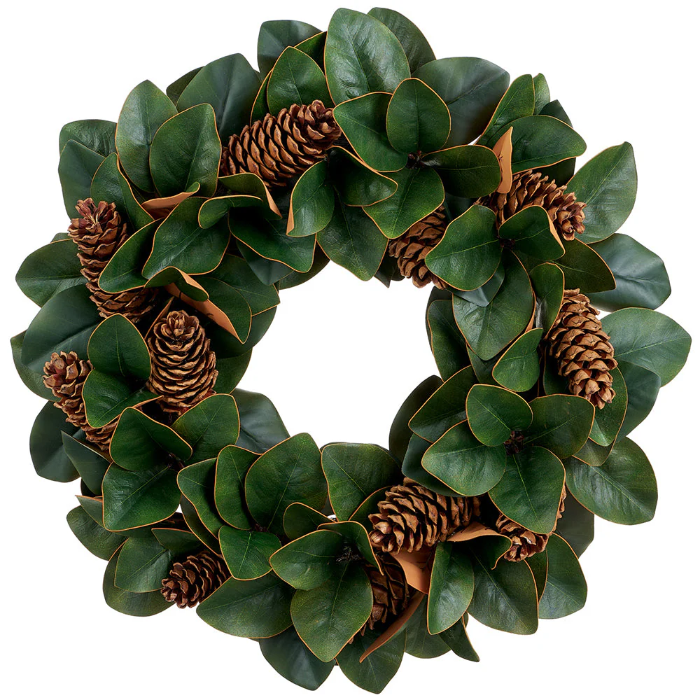 26" Artificial Magnolia Leaf & Pinecone Wreath -Green/Brown (Pack of 4)