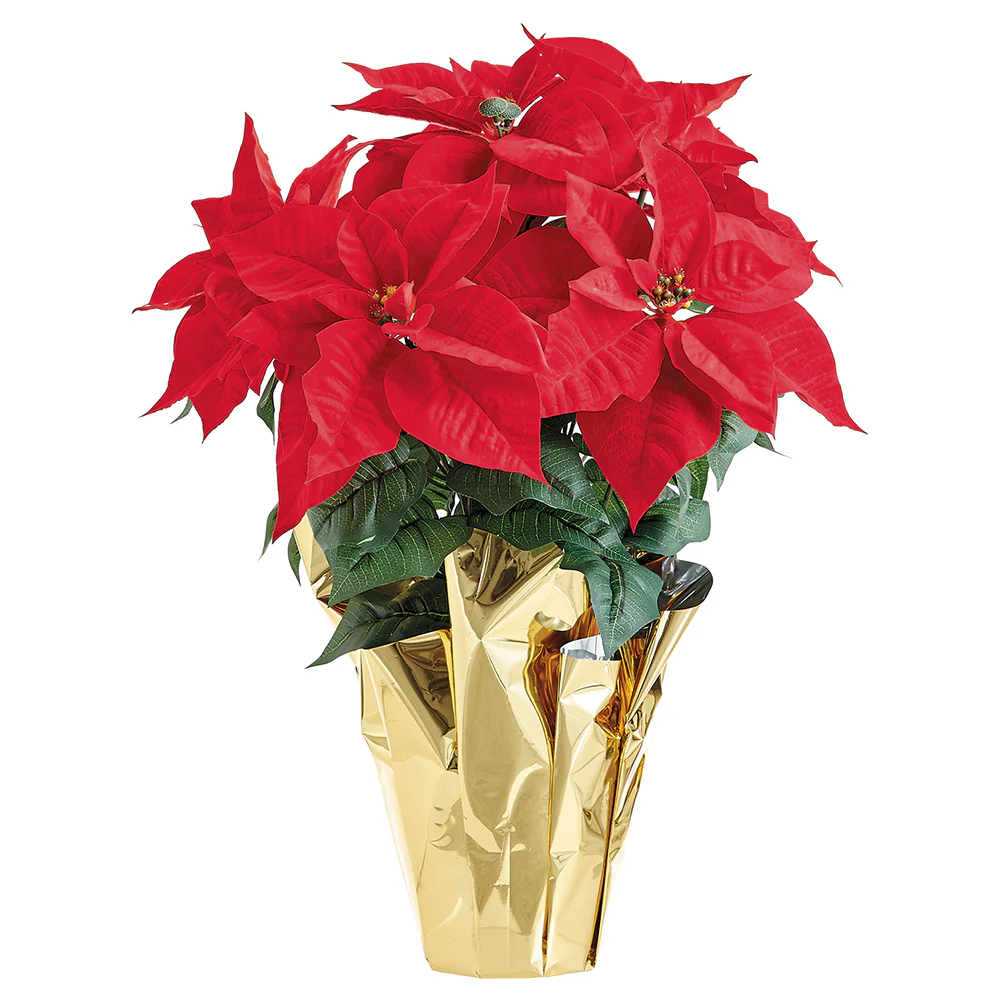 26" Artificial Majestic Velvet Poinsettia Flower Arrangement w/Gold Foil Wrapped Pot -Red (Pack of 6)