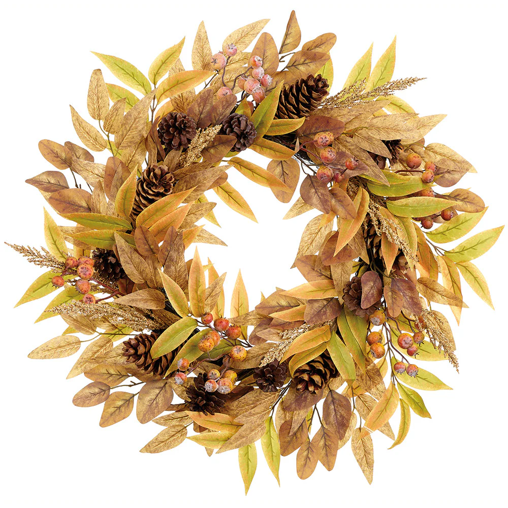 26" Eucalyptus Leaf, Berry & Pinecone Silk Wreath -Tan/Brown (Pack of 4)