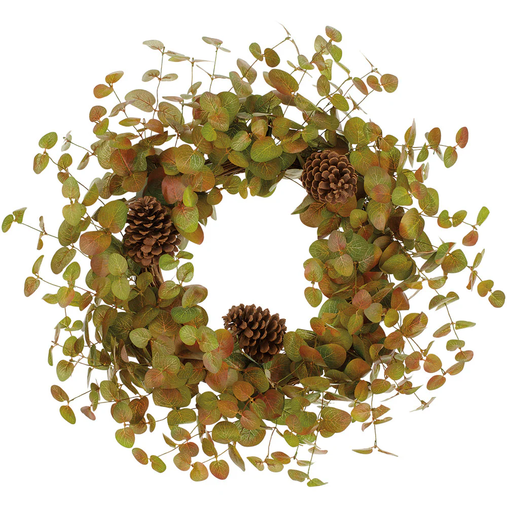 26" Eucalyptus Leaf & Pinecone Silk Wreath -Green/Brown (Pack of 6)