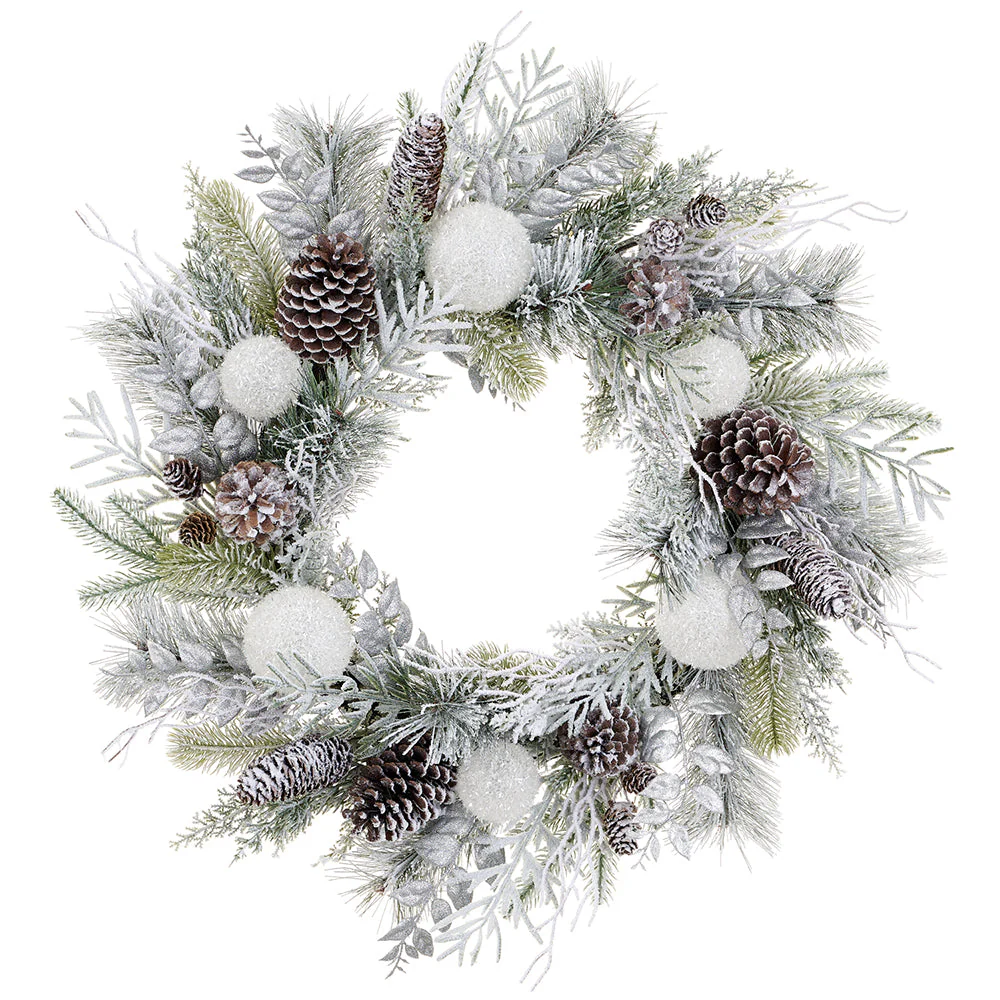 26" Flocked Artificial Berry, Ball, Pinecone & Pine Wreath -White/Silver (Pack of 4)