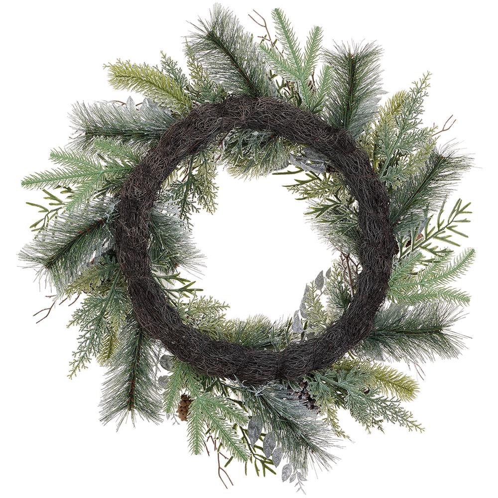 26" Flocked Artificial Berry, Ball, Pinecone & Pine Wreath -White/Silver (Pack of 4) - Image 2