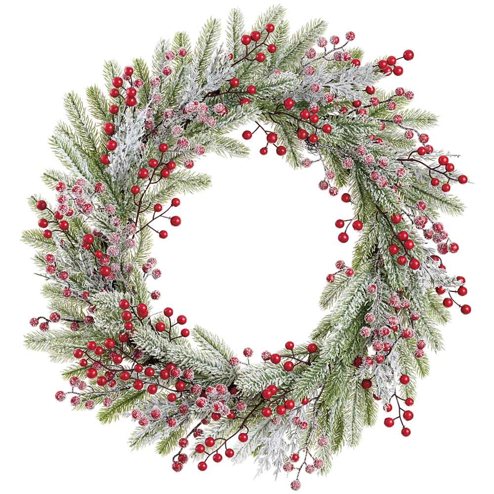 26" Flocked Artificial Berry & Pine Wreath -Red/White (Pack of 4)