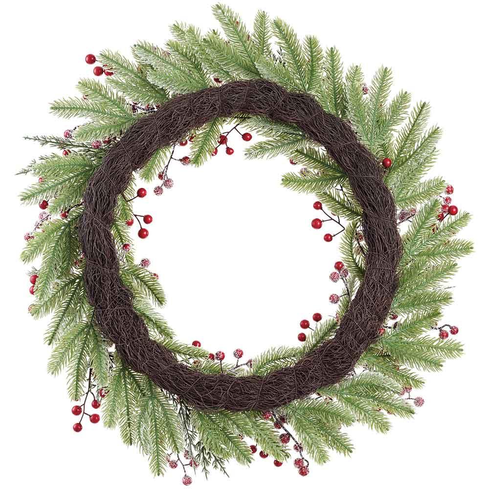 26" Flocked Artificial Berry & Pine Wreath -Red/White (Pack of 4) - Image 2