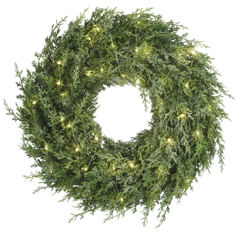 26" Flocked Artificial Cedar Wreath, Battery LED Pre-Lit -Green/White