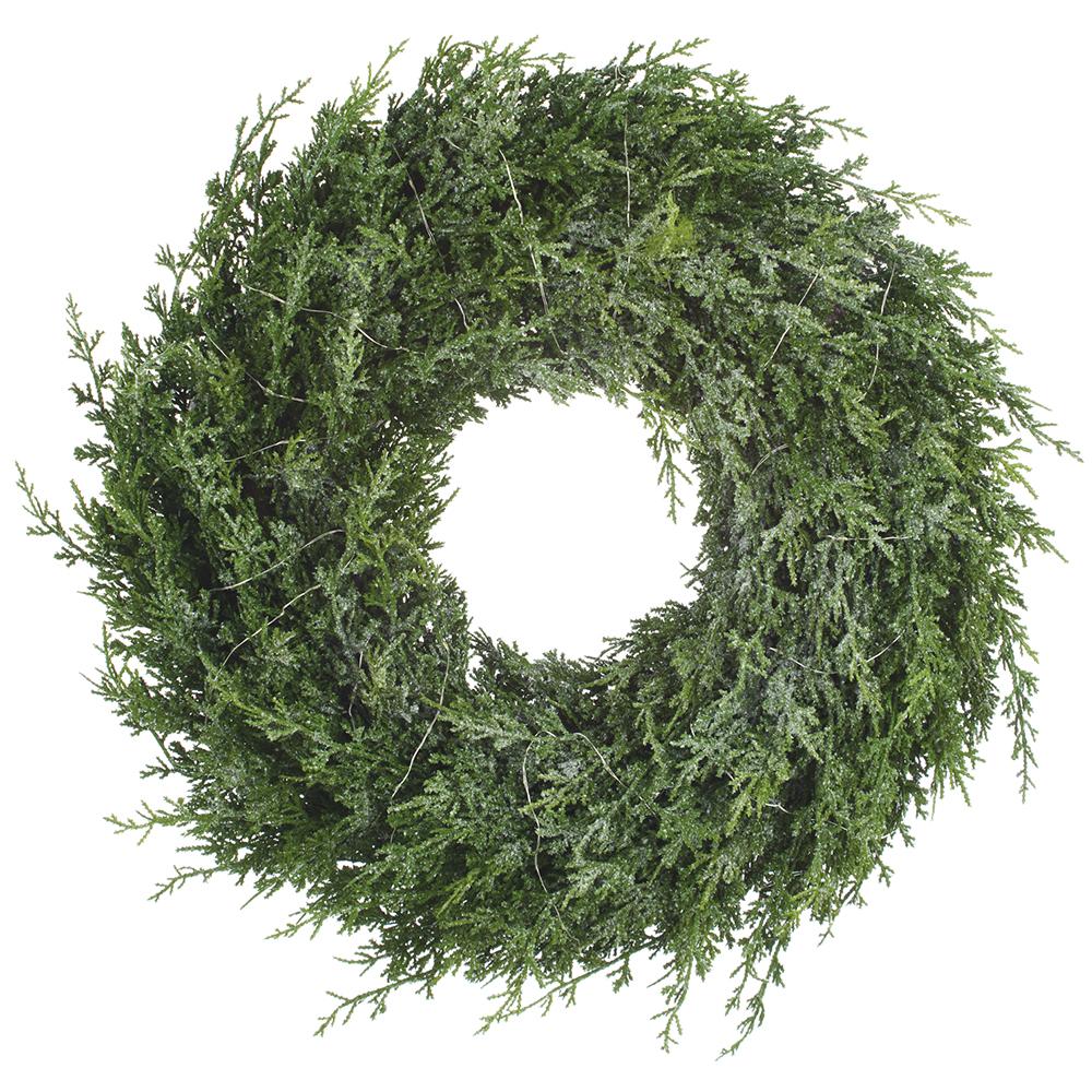 26" Flocked Artificial Cedar Wreath, Battery LED Pre-Lit -Green/White - Image 3