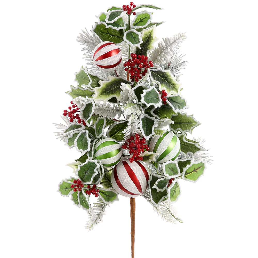 26" Flocked Artificial Holly Leaf, Ball & Pine Stem -Green/Red (Pack of 4)