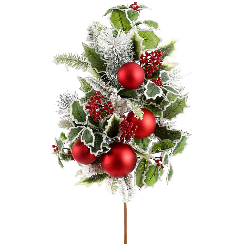 26" Flocked Artificial Holly Leaf, Ball & Pine Stem -Red/Green (Pack of 4)