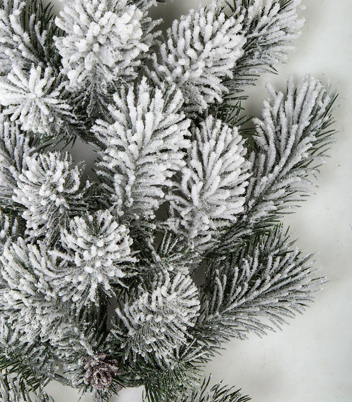 26" Flocked & Glittered Artificial Pine & Pinecone Stem -White/Green (Pack of 12) - Image 2