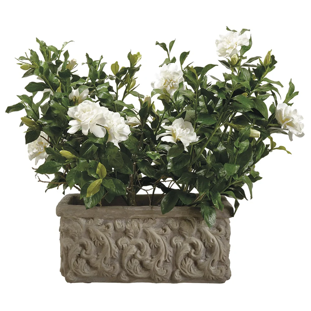 26" Large Silk Gardenia Flower Arrangement w/Stone Pot -Cream/Green