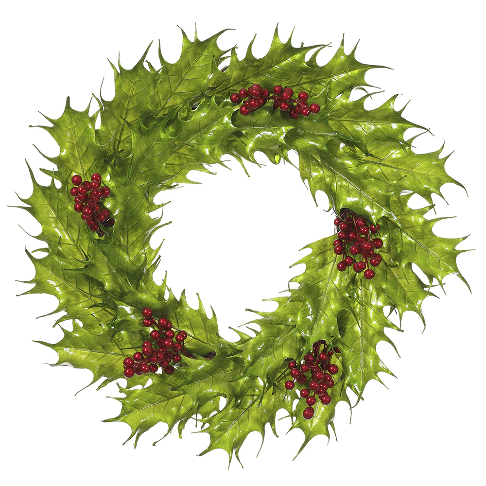 26" Metallic Artificial Holly Leaf Wreath -Green/Red (Pack of 2)