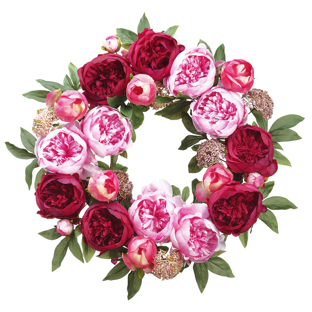 26" Mixed Silk Peony Flower & Twig Wreath -Pink/Burgundy