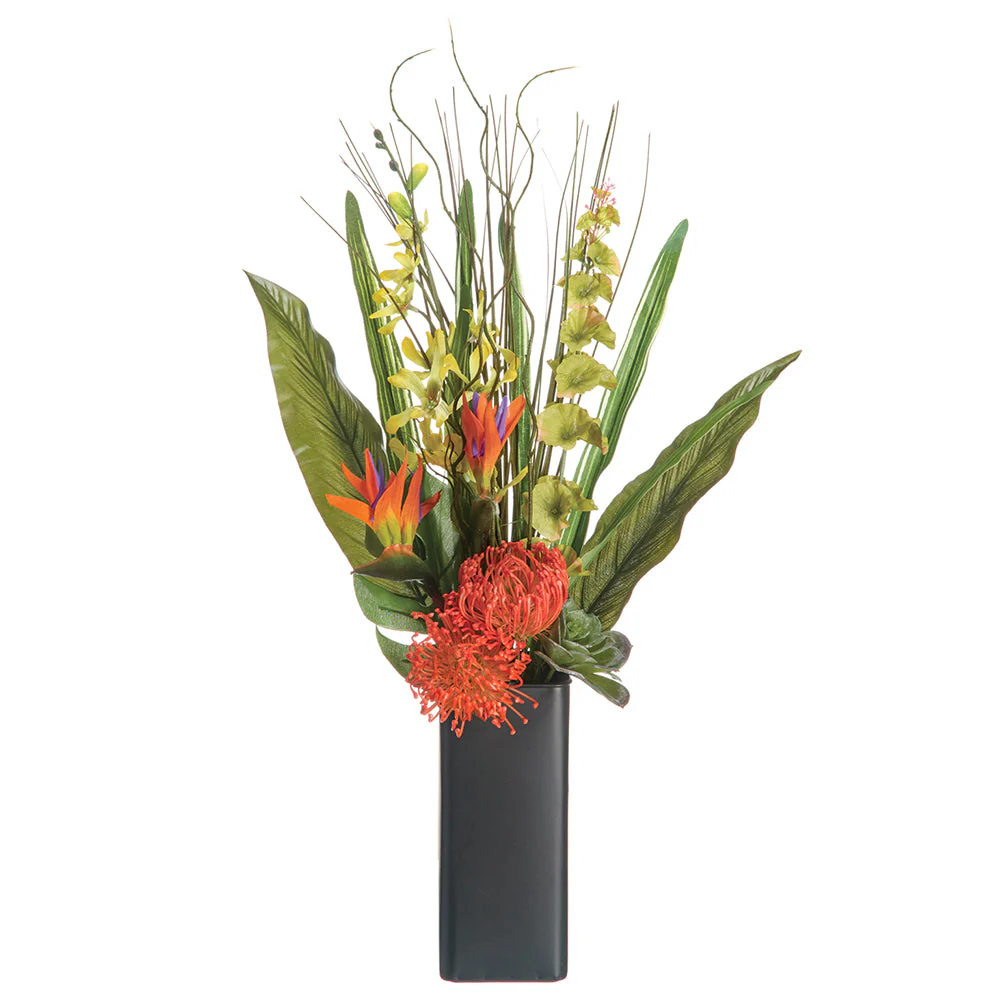 26" Protea & Bird Of Paradise Silk Flower Arrangement w/Tin Pot -Orange/Green (Pack of 4)
