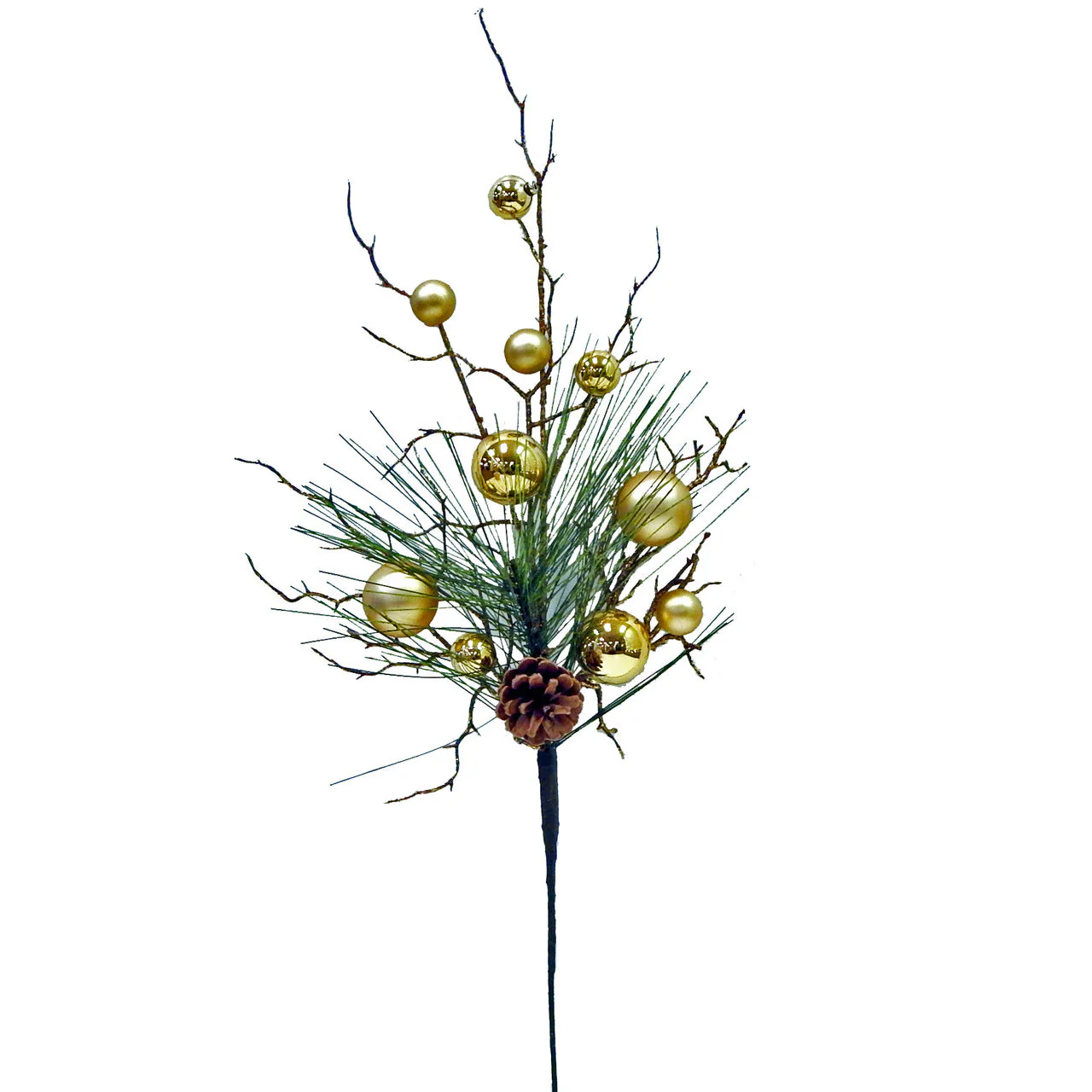 26" Reflective/Matte Artificial Pine, Twig & Ball Stem -Gold (Pack of 12)