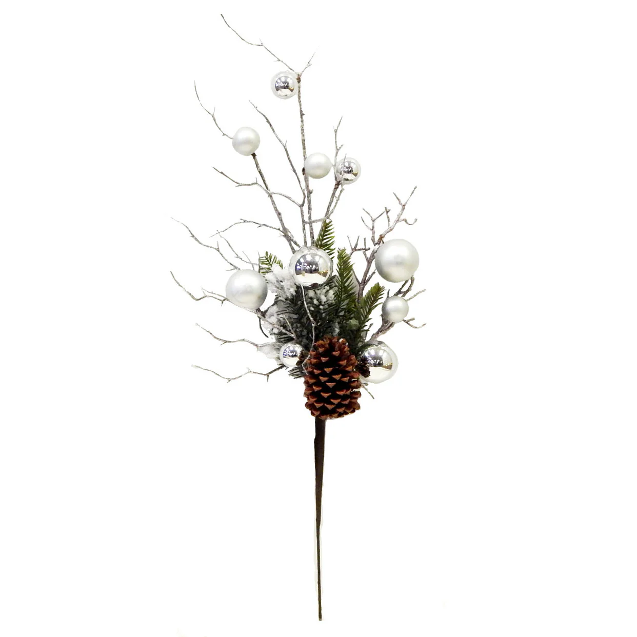 26" Reflective/Matte Artificial Pine, Twig & Ball Stem -Silver (Pack of 12)