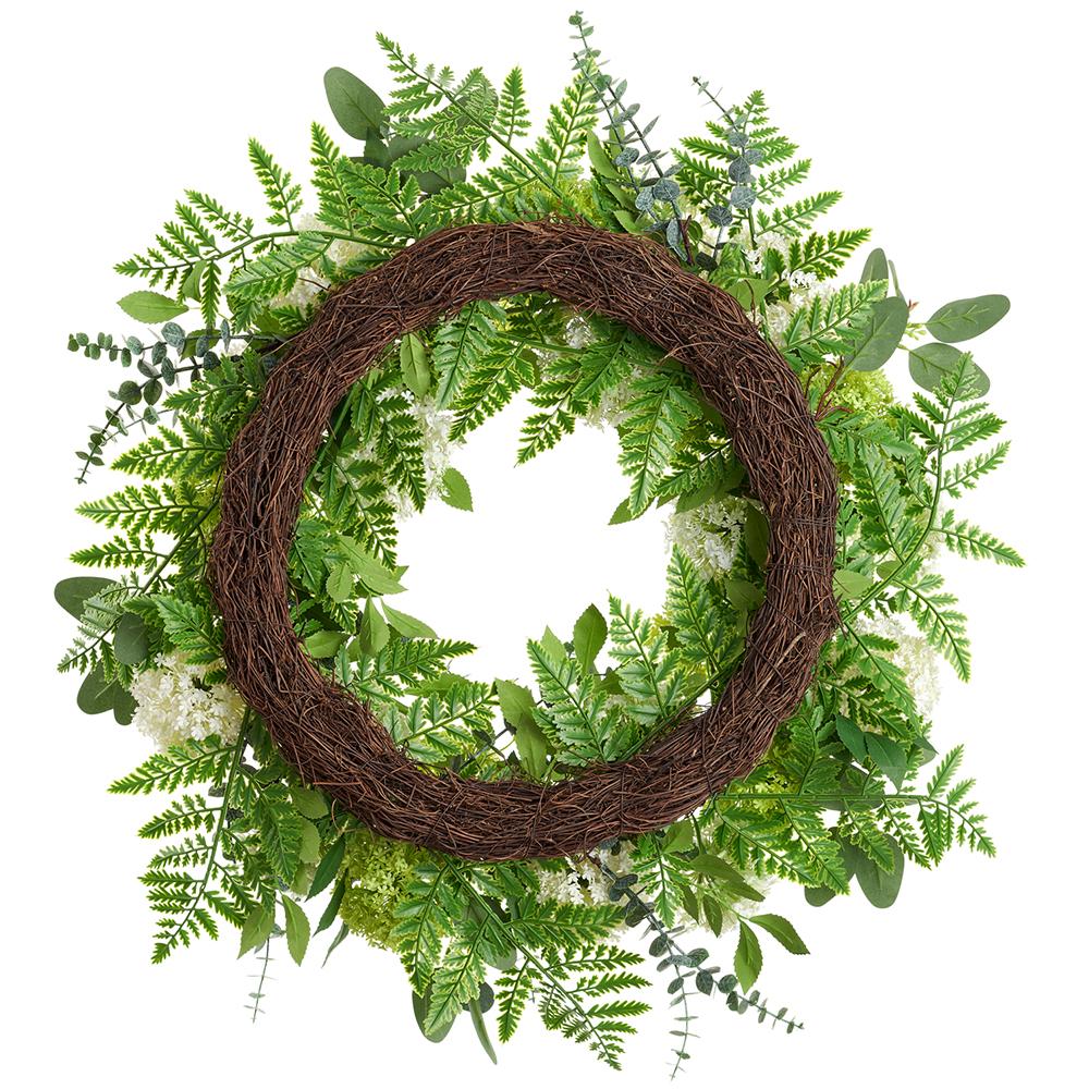 26" Snowball & Fern Silk Flower Wreath -Green/Cream - Image 2