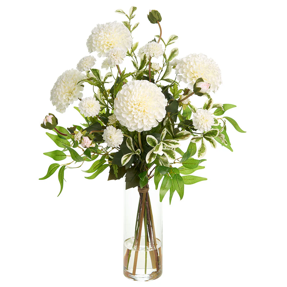 26"Hx18"W Dahlia & Pompom Silk Flower Arrangement w/Glass Vase -Cream/Green