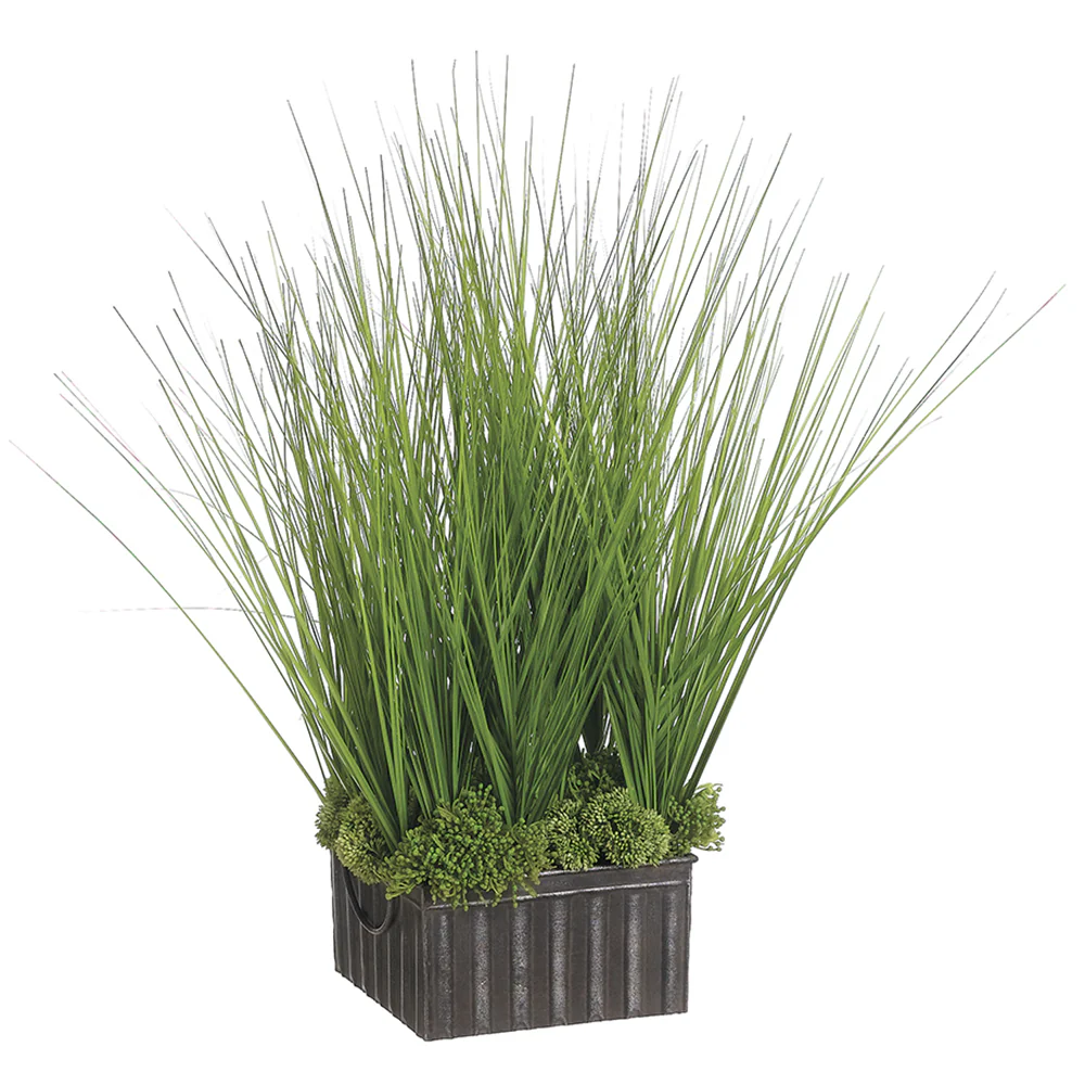26"Hx26"W Sedum & Grass Artificial Plant w/Tin Container -Green
